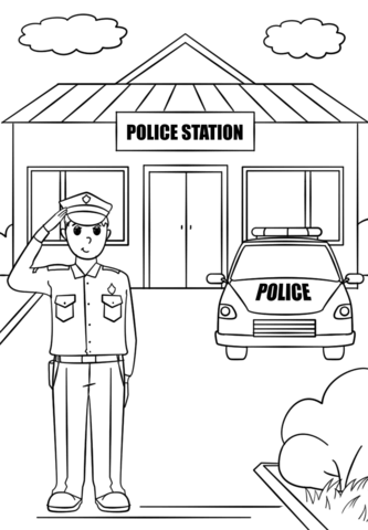 Kolorowanka policjant przed stacją policyjną